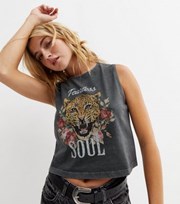 New Look Dark Grey Acid Wash Fearless Soul Leopard Logo Crop Vest